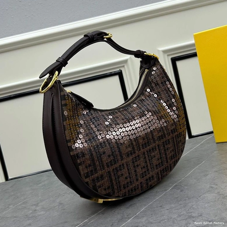 Affordable HOT Motif Bag Fabric Small Sequins Fendi FF Hobo In Fendigraphy with Brown 0804